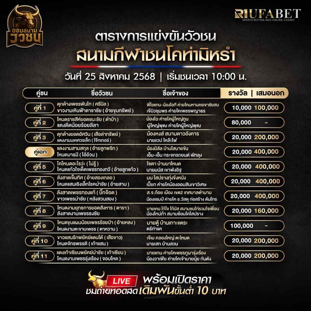ตารางแข่งขันวัวชน-วันที่-25-08-2568-โปรแกรม-สนามชนโคท่ามิหรำ