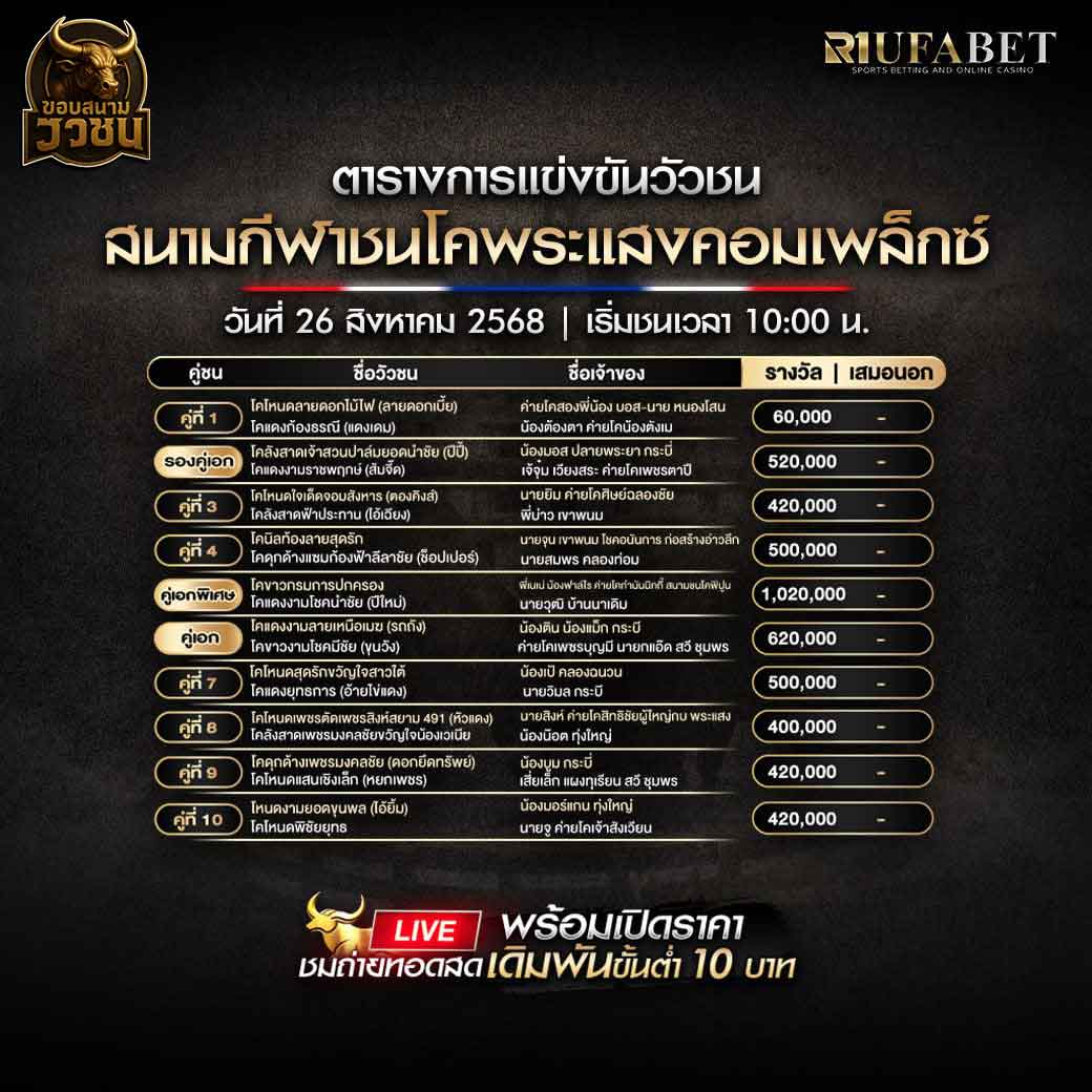 ตารางแข่งขันวัวชน-วันที่-26-08-2568-โปรแกรม-สนามชนโคพระแสงคอมเพล็กซ์