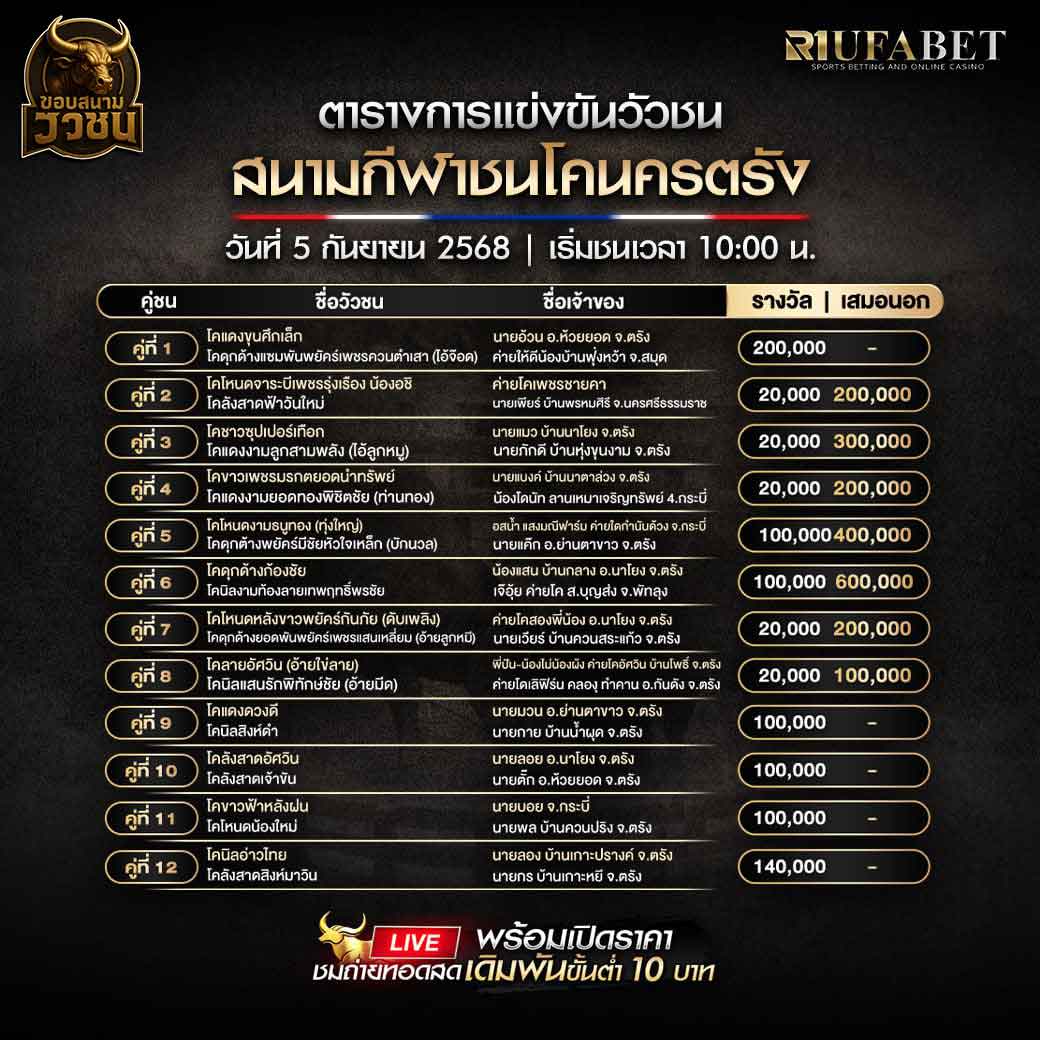 ตารางแข่งขันวัวชน-วันที่-05-09-2568-โปรแกรม-สนามชนโคนครตรัง