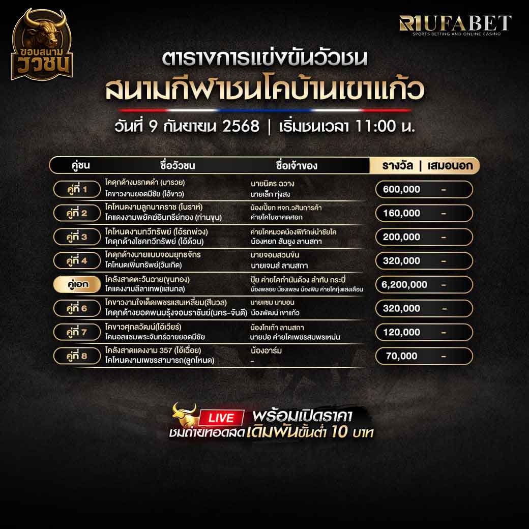 ตารางแข่งขันวัวชน-วันที่-09-09-2568-โปรแกรม-สนามชนโคบ้านเขาแก้ว