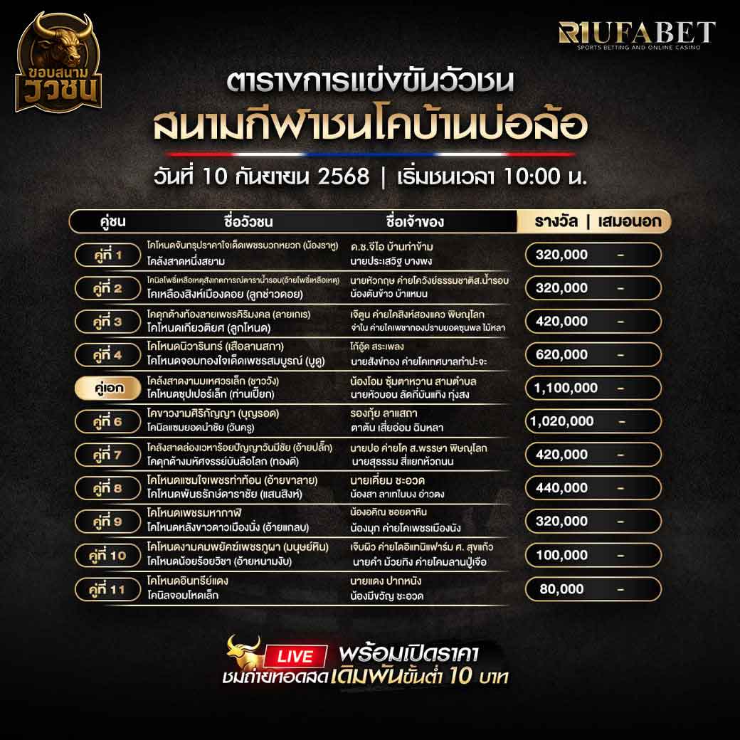 ตารางแข่งขันวัวชน-วันที่-10-09-2568-โปรแกรม-สนามชนโคบ้านบ่อล้อ