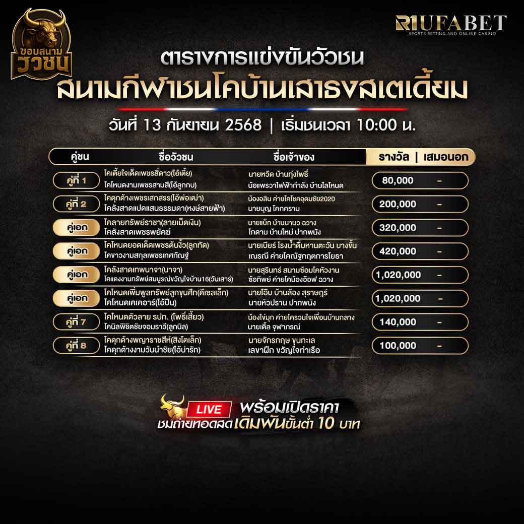ตารางแข่งขันวัวชน-วันที่-13-09-2568-โปรแกรม-สนามชนโค้เสาธงสเตเดี้ยม