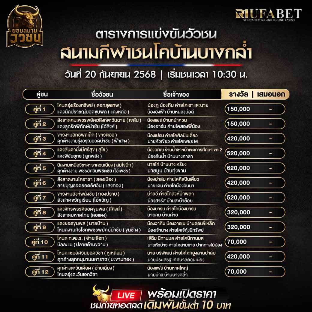 ตารางแข่งขันวัวชน-วันที่-20-09-2568-โปรแกรม-สนามชนโคบ้านบางกล่ำ