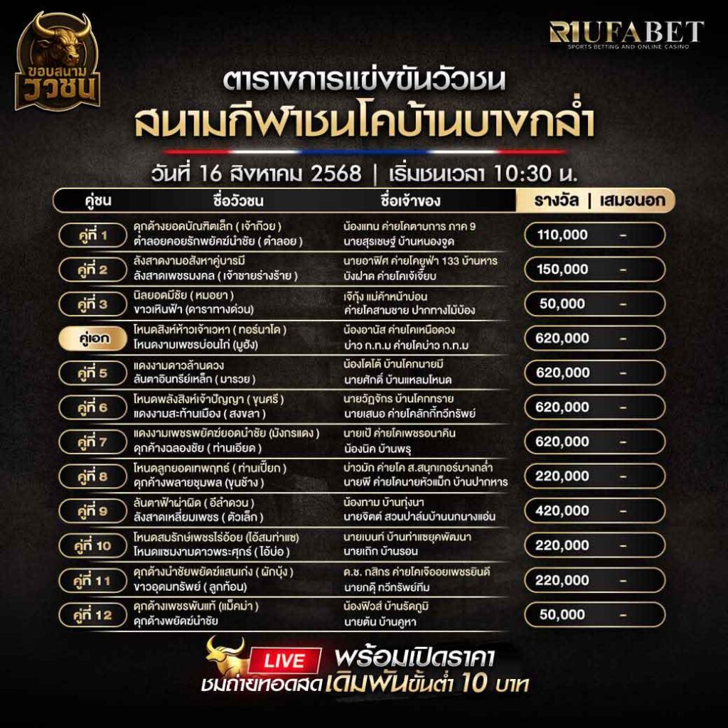 ตารางแข่งขันวัวชน-วันที่-16-08-2568-โปรแกรม-สนามชนโคบ้านบางกล่ำ