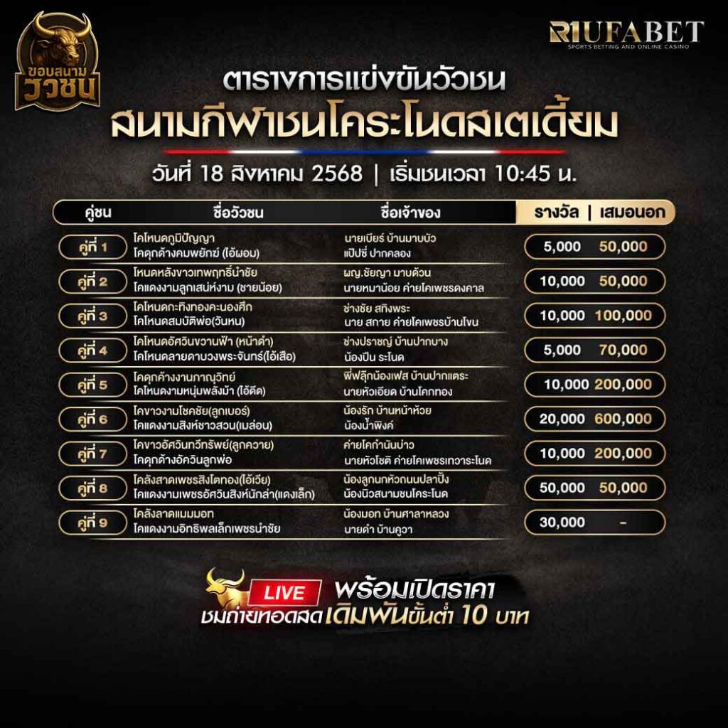 ตารางแข่งขันวัวชน วันที่ 18-08-2568 โปรแกรม สนามชนโคระโนดสเตเดี้ยม