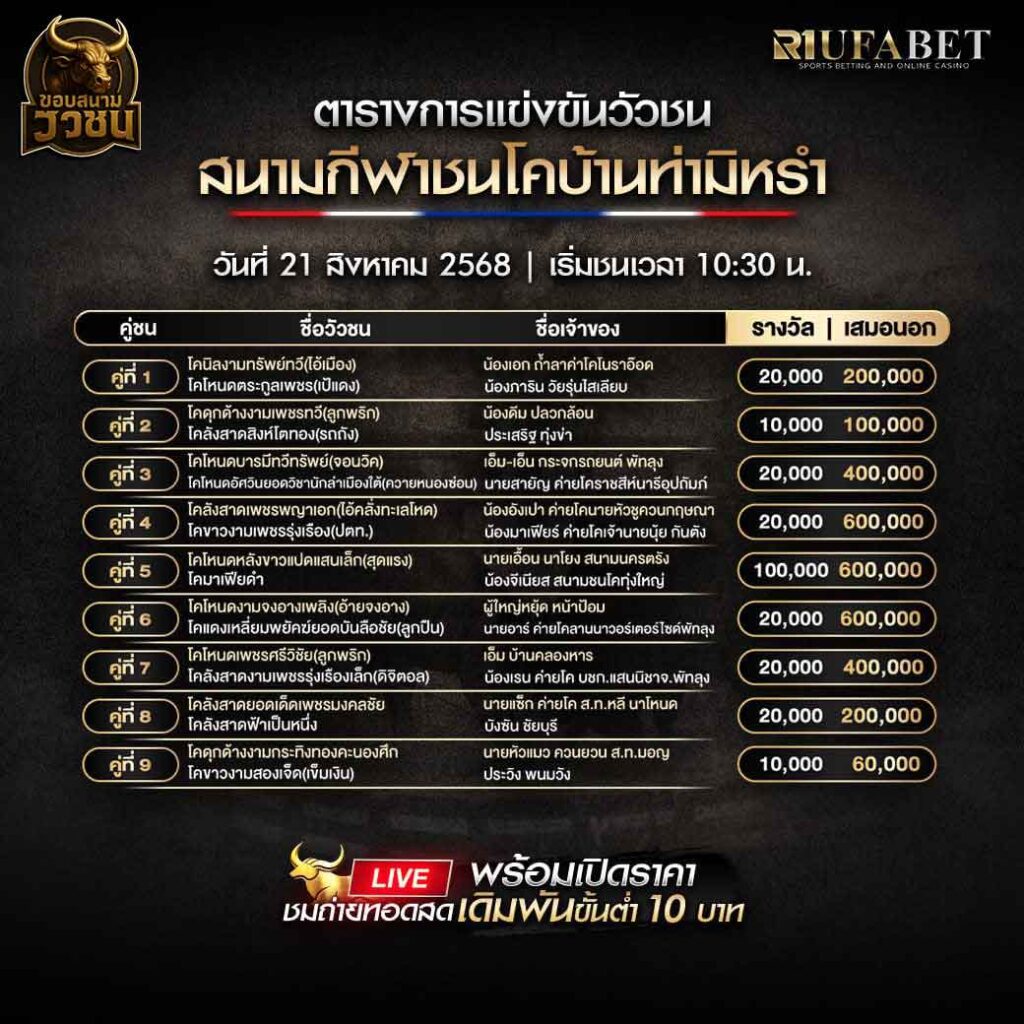 ตารางแข่งขันวัวชน-วันที่-21-08-2568-โปรแกรม-สนามชนโคบ้านท่ามิหรำ