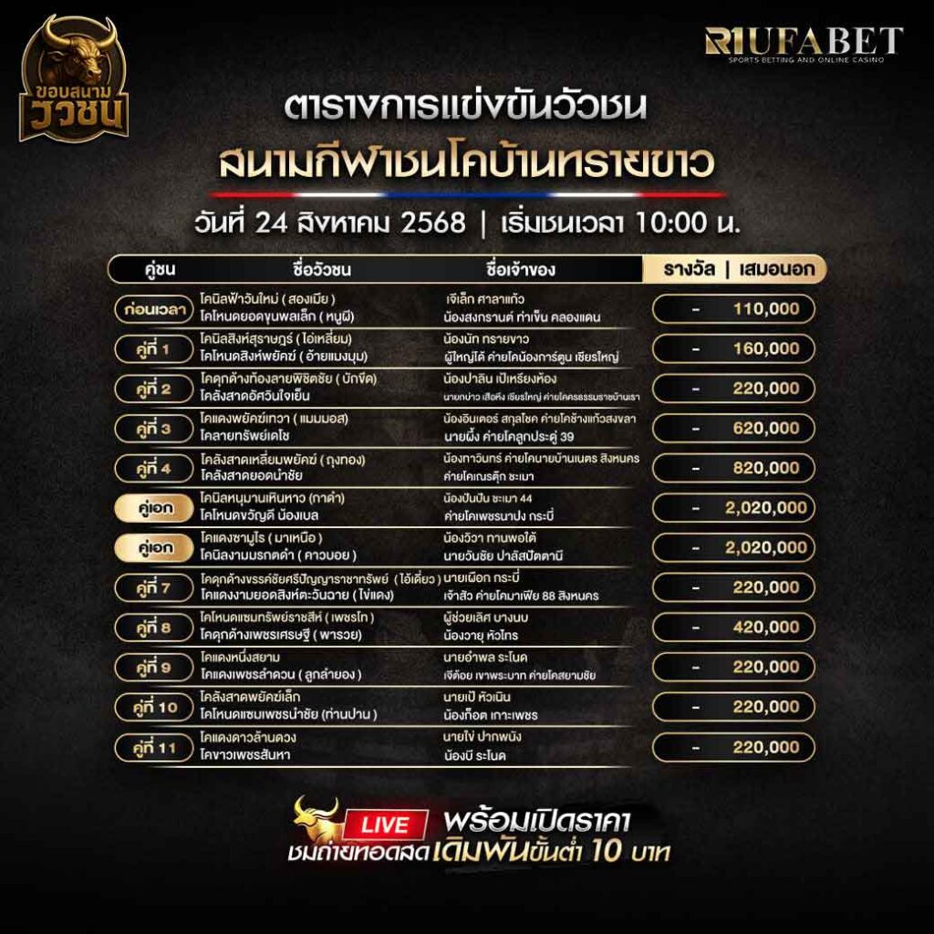 ตารางแข่งขันวัวชน-วันที่-24-08-2568-โปรแกรม-สนามชนโคบ้านทรายขาว