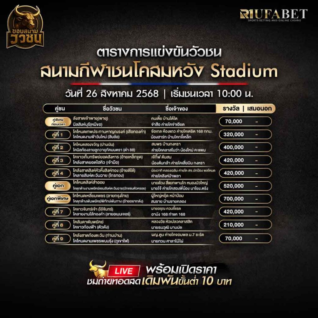 ตารางแข่งขันวัวชน-วันที่-26-08-2568-โปรแกรม-สนามชนโคสมหวัง-Stadium