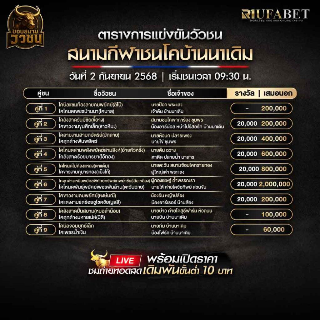ตารางแข่งขันวัวชน-วันที่-02-09-2568-โปรแกรม-สนามชนโคบ้านนาเดิม