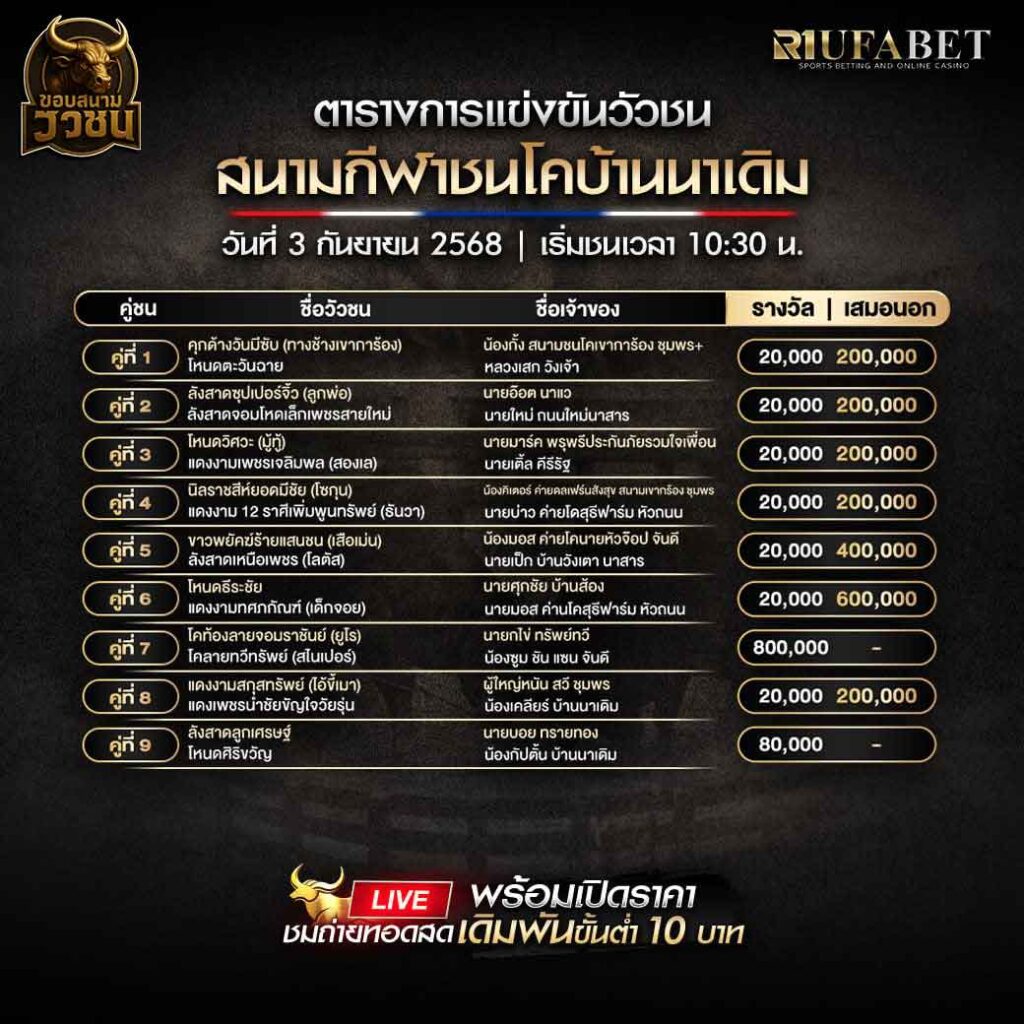 ตารางแข่งขันวัวชน-วันที่-03-09-2568-โปรแกรม-สนามชนโคบ้านนาเดิม