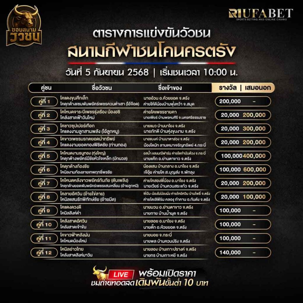 ตารางแข่งขันวัวชน-วันที่-05-09-2568-โปรแกรม-สนามชนโคนครตรัง