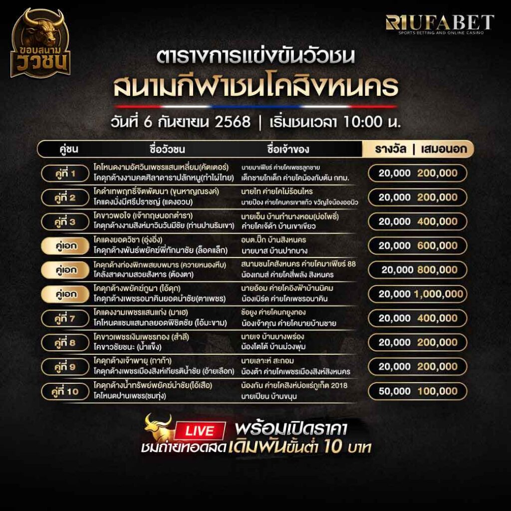 ตารางแข่งขันวัวชน-วันที่-06-09-2568-โปรแกรม-สนามชนโคสิงหนคร