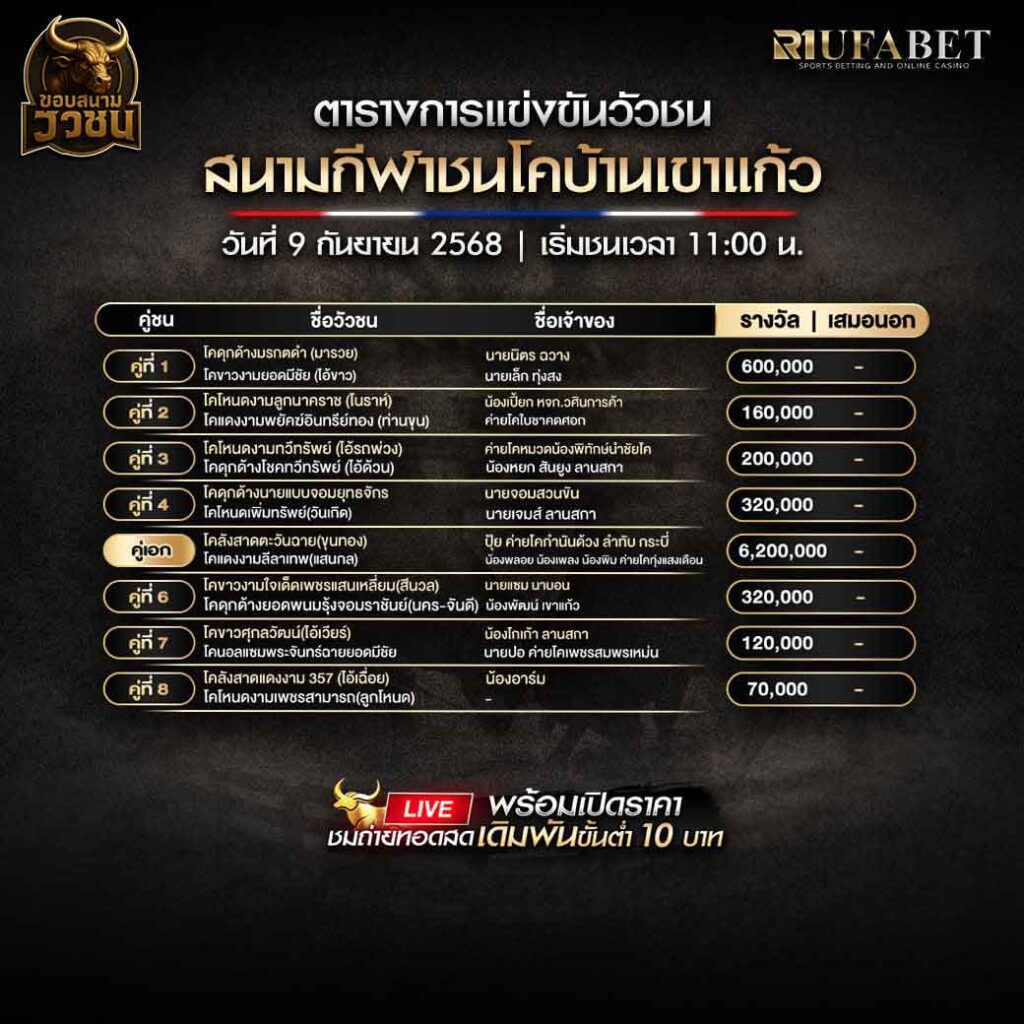 ตารางแข่งขันวัวชน-วันที่-09-09-2568-โปรแกรม-สนามชนโคบ้านเขาแก้ว