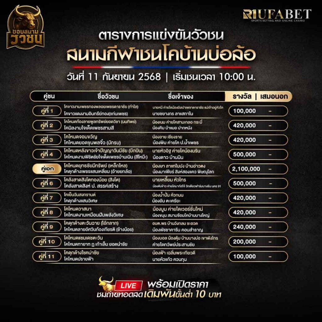 ตารางแข่งขันวัวชน-วันที่-11-09-2568-โปรแกรม-สนามชนโคบ้านบ่อล้อ