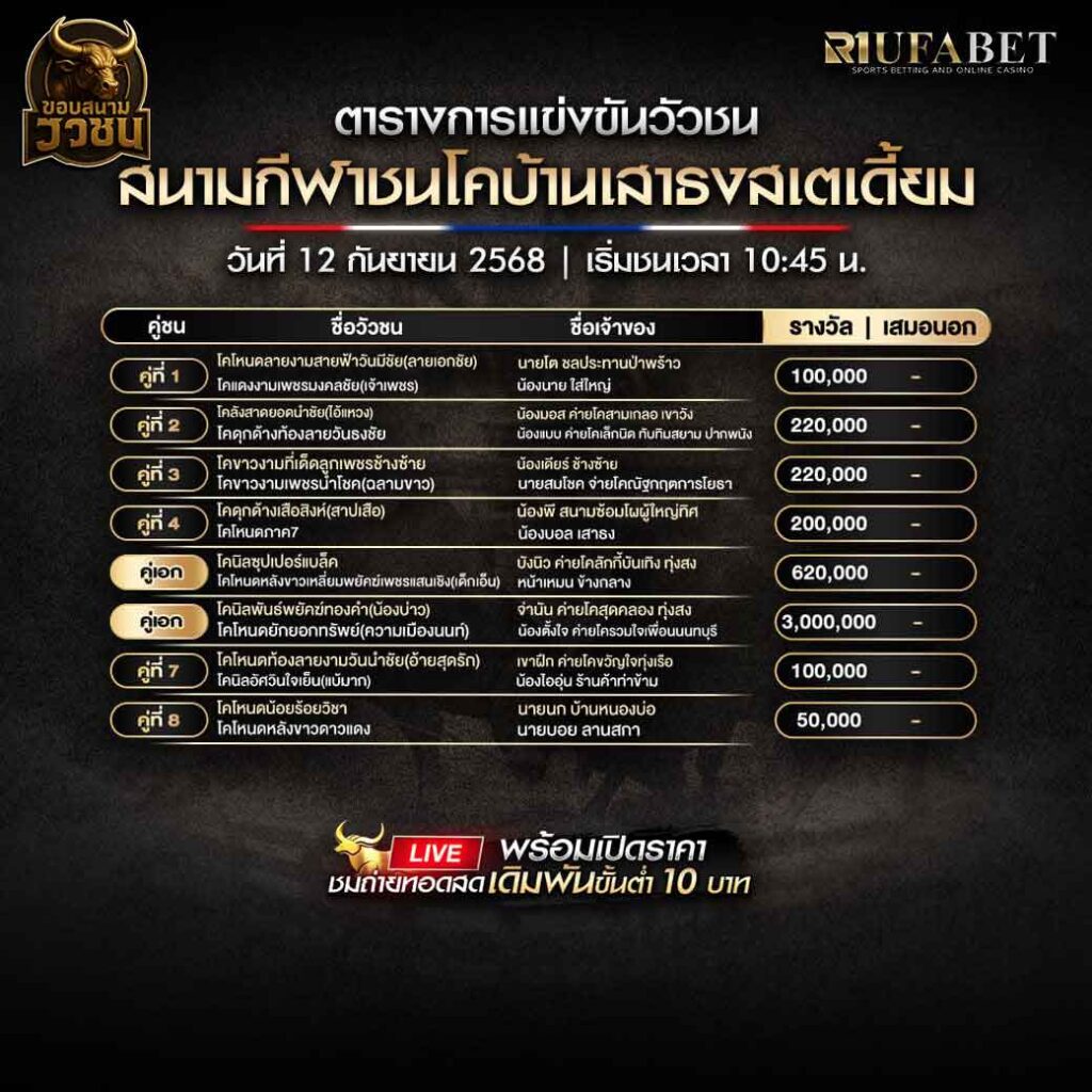 ตารางแข่งขันวัวชน-วันที่-12-09-2568-โปรแกรม-สนามชนโค้เสาธงสเตเดี้ยม