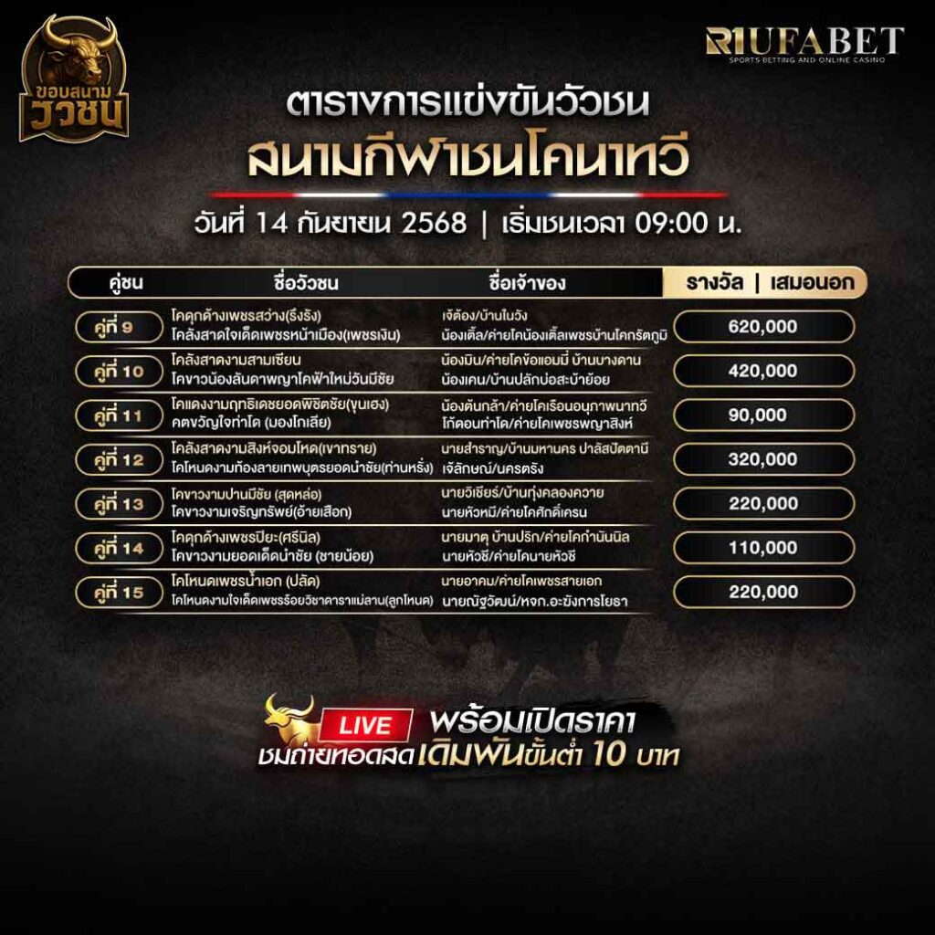 ตารางแข่งขันวัวชน-วันที่-14--09-2568-โปรแกรม-สนามชนโคนาทวี