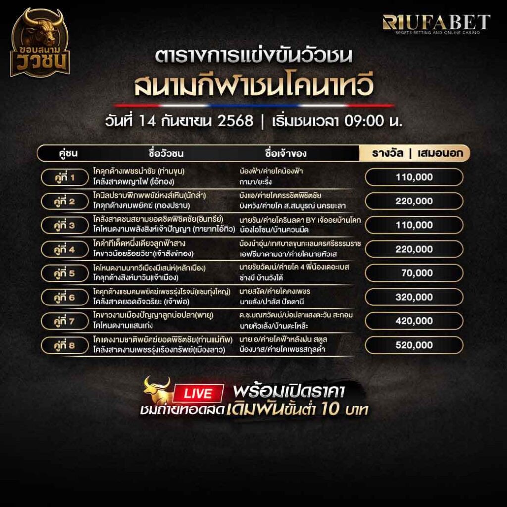 ตารางแข่งขันวัวชน-วันที่-14-09-2568-โปรแกรม-สนามชนโคนาทวี