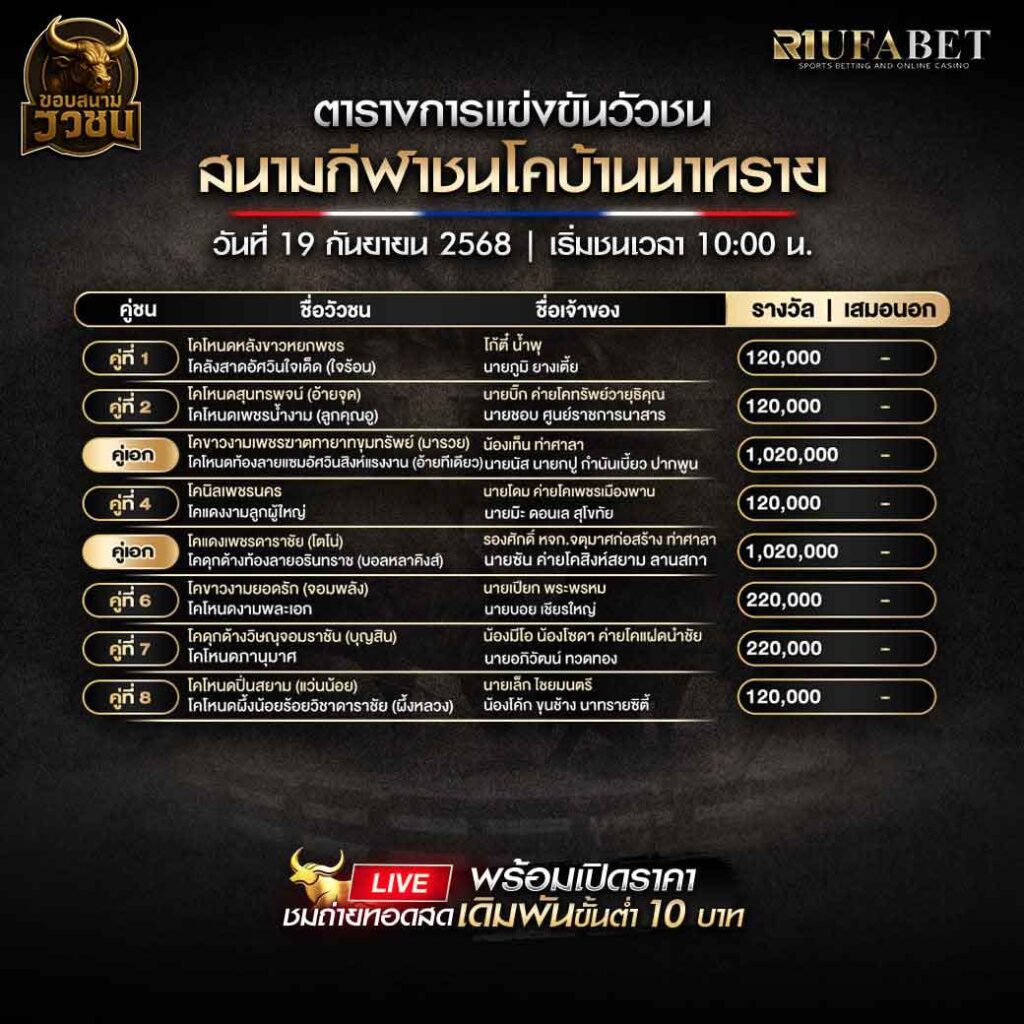 ตารางแข่งขันวัวชน-วันที่-19-09-2568-โปรแกรม-สนามชนโคบ้านนาทราย
